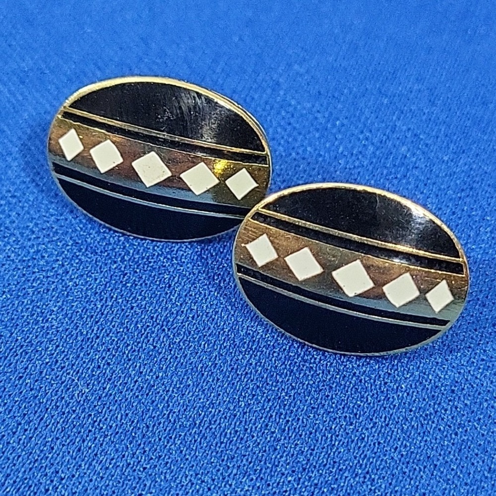 90s Art Deco Earrings Striped Oval Pierced Stud Posts‎
